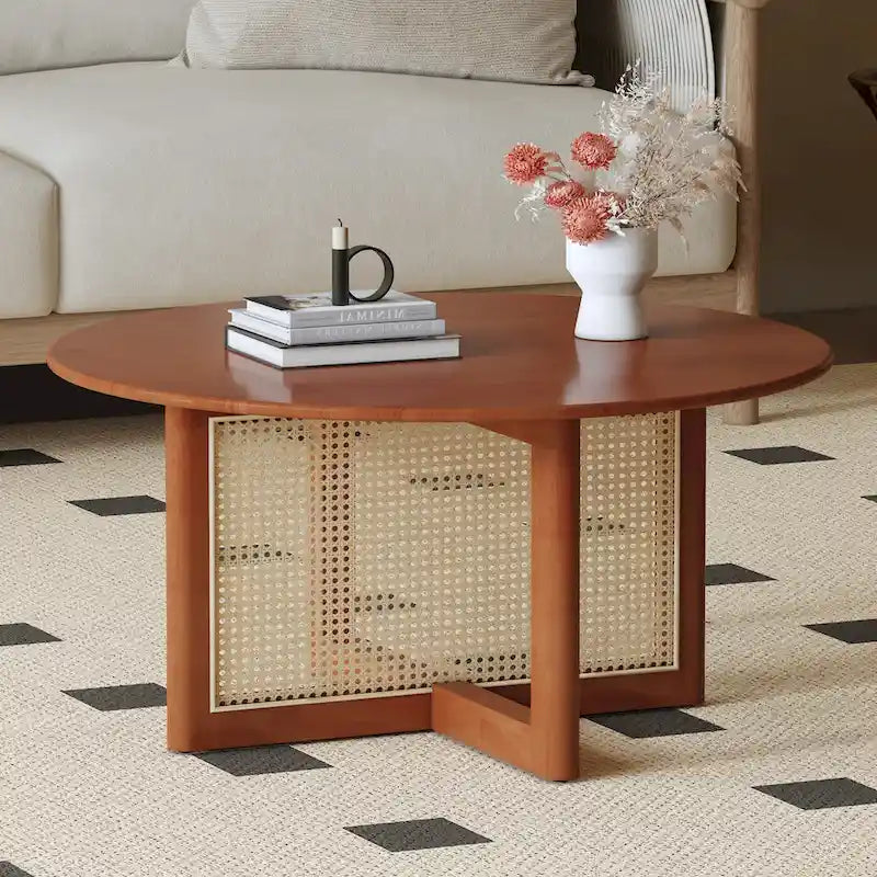 wooden coffee table with faux rattan accents