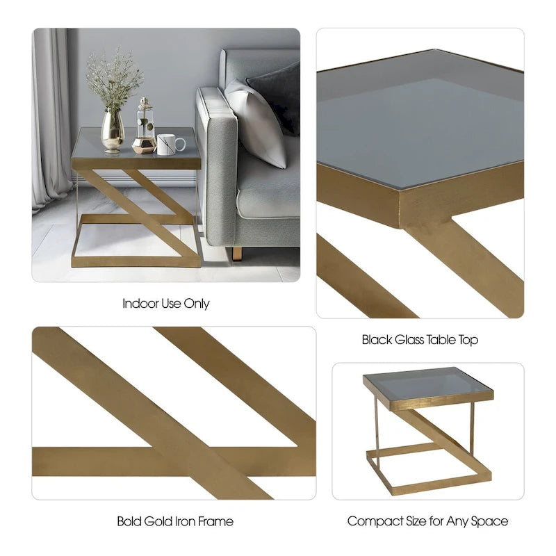 Mesa auxiliar decorativa moderna de estilo glamuroso, de metal y vidrio, dorada y negra, de 20 - 22 x 22 x 20