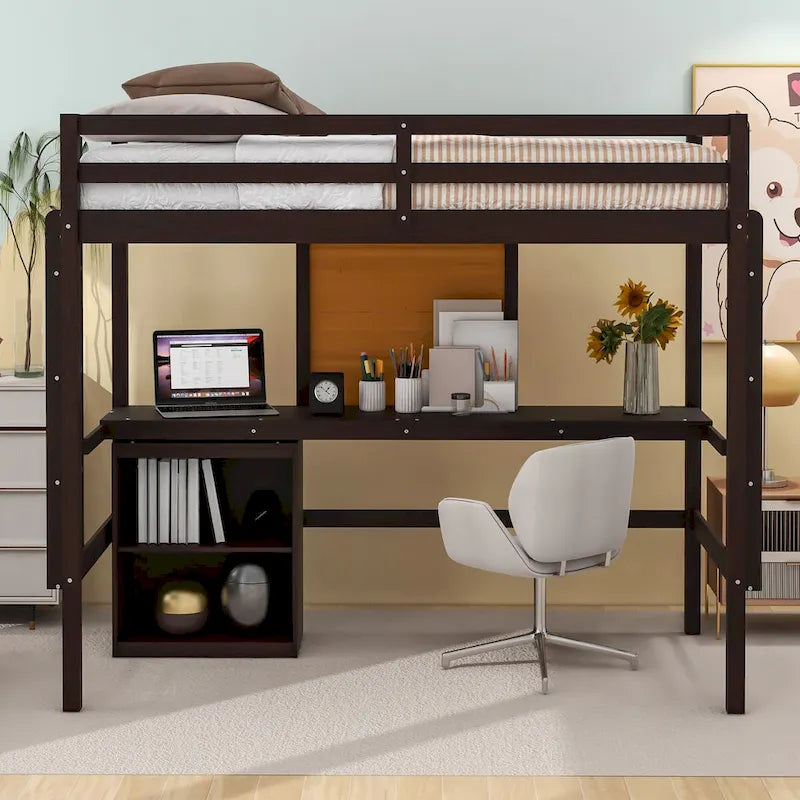 Letto a soppalco singolo in legno con scrivania
