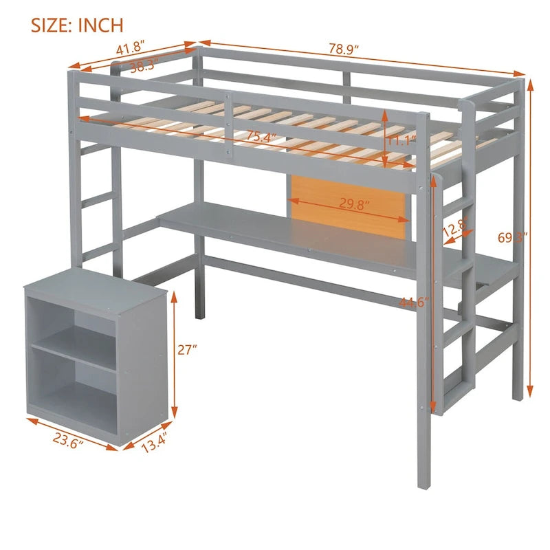 Letto a soppalco singolo in legno con scrivania