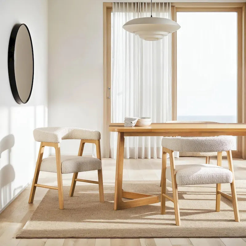 Sedia da pranzo moderna curva in legno massello bouclé (set di 2)