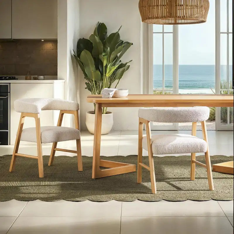 Sedia da pranzo moderna curva in legno massello bouclé (set di 2)