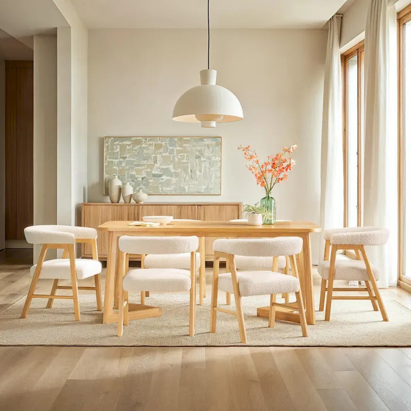 Sedia da pranzo moderna curva in legno massello bouclé (set di 2)